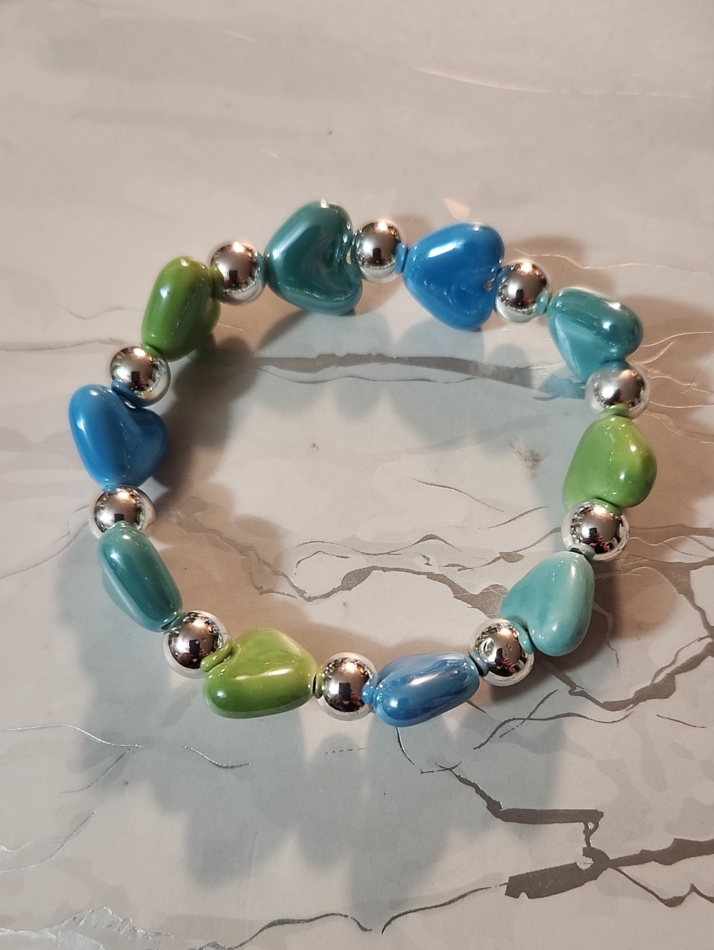 Handcrafted Blue & Green Ceramic Heart Bead Stretch Bracelet